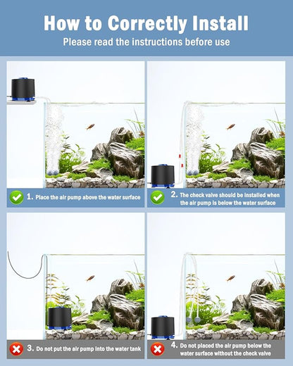 AQQA Aquarium Air Pump, Quiet Powerful Fish Tank Air Pump 3W/6W/10W with Stainless Steel Dual Outlet, Adjustable Oxygen Aerator Pump with Air Stone Bubbler for Fish Tank Up to 200 Gallon 6W (Tubby)