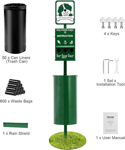 VEVOR Pet Waste Bin, 11.5 Gallon Dog Poop Station with 50 Liners & 600 Bags, Outdoor Dog Waste Disposal System
