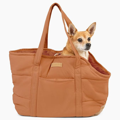 Plush Dog Purse Carrier for Small Dogs, Soft Dog Tote Bag with Safety Harness Clip, Cozy Pet Carrier for Dogs Under 15 lbs, Comfortable Dog Shoulder Carrier for Travel, Brown
