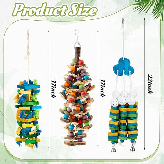 3 Pcs Extra Large Bird Parrot Toy Multicolored Natural Wooden Parrot Cage Chewing Toys for Large Medium Macaws Cockatoos African Grey Birds (Blue Block)