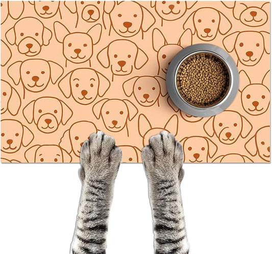 Adorable Cute Dog Faces Pattern Pets Food Mat Spill-Proof Pets Feeding Mats Cats Food and Water Bowl Pet Easy Clean Fast Dry Pet Mats for Foods and Water Mat for Cat Dogs 20" x 12"