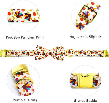 Thanksgiving Dog Collar, Turkey Dogs Collars Bow Tie Pet Collar Adjustable Pet Collars Premium Metal Buckle Autumn Leaf Necklace for Medium Dogs