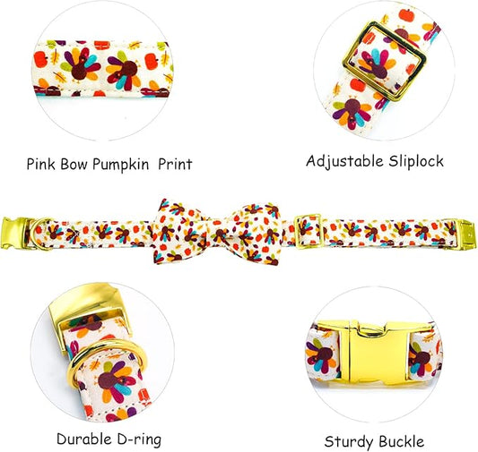Thanksgiving Dog Collar, Turkey Dogs Collars Bow Tie Pet Collar Adjustable Pet Collars Premium Metal Buckle Autumn Leaf Necklace for X-Large Dogs