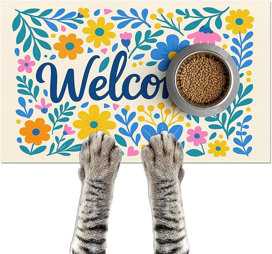 Daisy Flower Pet Food Mat 20" x 12" Welcome Sign Pet Feeding Mat Non Slip Mats for Dog Food and Water Bowls Easy Clean Fast Dry Placemat for Cat Food Mats for Indoor Trendy Pet Accessories