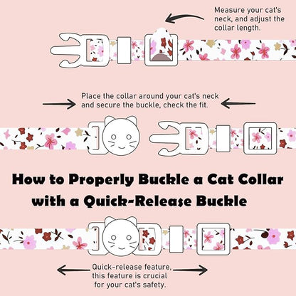 2 Pack Cotton Breakaway Cat Collars Set with Bell and Flower Pendant, Cute Floral Fruit Patterned, Adjustable 7.5-11Inch, Include A Mouse Toy Gift (Vintage+ Small Pink Flower)