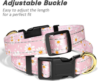 Reflective Dog Collar for Extra Small Dogs, Cute Daisy Theme Adjustable Heavy-Duty Nylon Puppy Collar for Boy and Girl Female, Soft Pet Accessories with Quick Release Buckle, Neck 8-12", Pink
