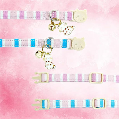 Elegant little tail 2 Pack Cat Collar-Pink Strip Cotton Breakaway Cat Collars with Bell Pendant Kitten for Girl Safety Adjustable Collar for Small Cats Puppy