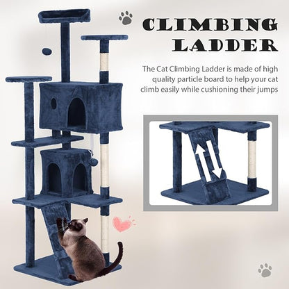 Heavy Duty Cat Tree Tower, 70" Tall Cat Tower for Indoor Cats with Cat Scratching Post with Bed, Cat Condo, Hanging Ball, Multi-Level Cat Climbing Tower Cat Trees Furniture Activity Center, Navy Blue