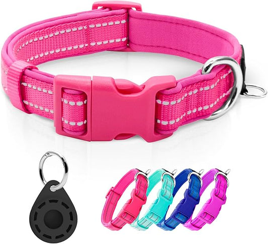 azuza Reflective Dog Collar with Airtag Holder, Soft Neoprene Padded Pet Collar with ID Tag Ring, Adjustable for Large Dogs,Hot Pink,L