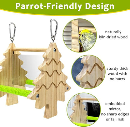 Bird Mirror Toy Perch, 2-Sided Hd Parakeet Mirrors & 2 Cotton-Wrapped Perches for Multiple Birds, Wooden Frame Hanging Parrot Swing for Cage, Safe No Sharp Edges Bird Toy for Budgie Lovebird Cockatiel