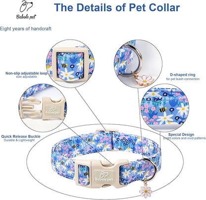 Floral Dog Collar for Small Dogs - Cute Spring Dog Collars, Soft Lightweight Bee & Daisy Puppy Collar, Breathable Adjustable Male Female Blue Wildflowers Dogs Collars S