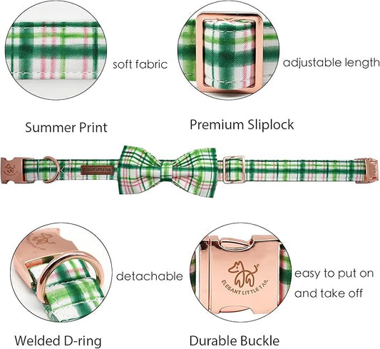 Elegant Little Tail Dog Collar with Bow - Pink with Green Plaid Cute Bowtie Adjustable Collar for Small Puppy