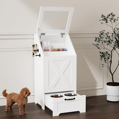 Dog Feeding Station with Storage Cabinet and 2 Elevated Dog Bowls, Hidden Pet Food Storage Organizer for Dog &Cat,Modern Dogs Furniture (White)