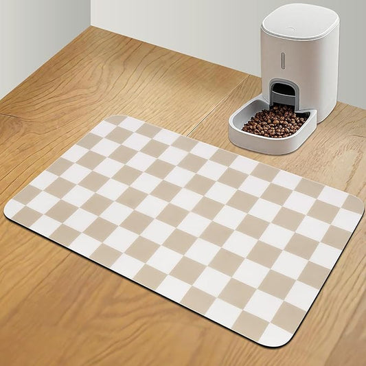 Checkered Dog Food Mat, Absorbent Leak-Proof Pet Feeding Mat, Quick Dry Cat Food Mat for Messy Drinkers 16" x 24" Khaki