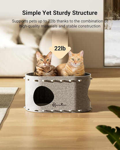 DownyPaws Cat House for Indoor Cats, Cat Bed Cave for Multiple & Large Cats Up to 22 Lbs, Scratch Resistant, Foldable Peekaboo Kitten Caves Tunnel Enclosed Bed, PeekaPurr, Light Gray