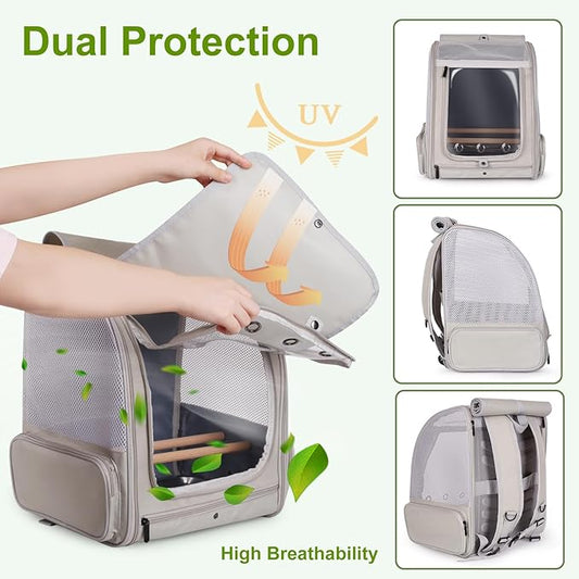 Bird Backpack Carrier with Front Zipper Opening, Portable Bird Travel Carrier Cage with 2 Standing Perches and Metal Tray, Breathable Transport Bag for Parakeet, Budgie, Conure, Cockatiel, Parrot