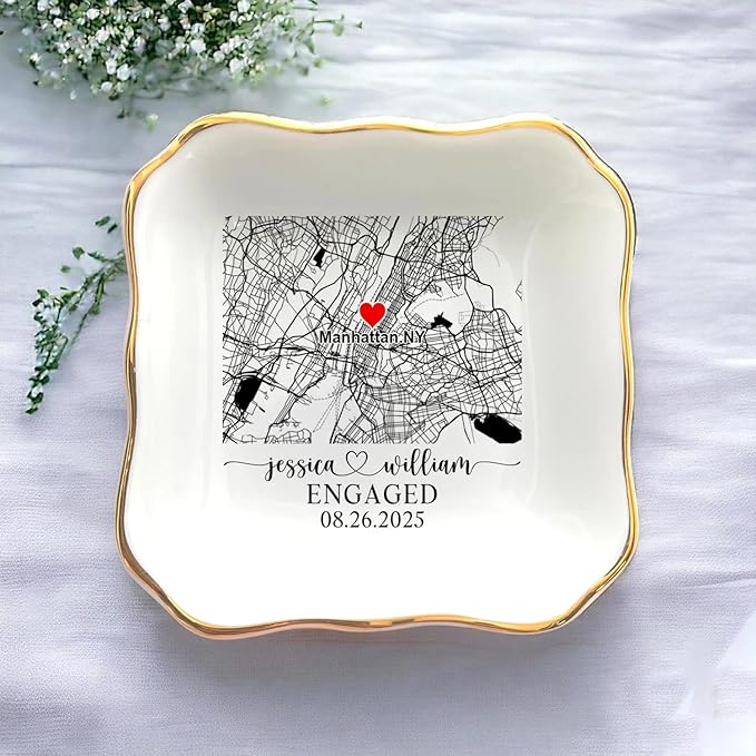Custom Location Map Engaged Ring Dish Engagement Gift, Jewelry Tray Gifts for Newly Engaged Couple, Ring Holder Dish Wedding Anniversary, Trinket Dish for Her Bride Wife
