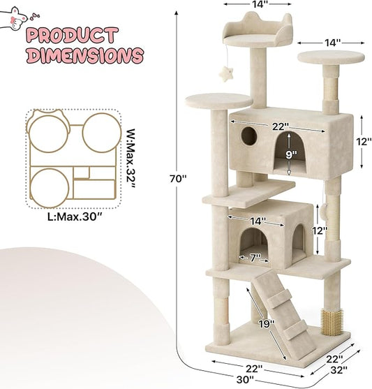 MoNiBloom 70 Inch Cat Tree Tower for Indoor Cats Large Adults, Tall Cat Tower with Scratching Post, Multi-Level Furniture Activity Center with Cat Condo Pet Play House, Beige