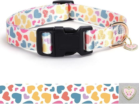 Love Pattern Dog Collar with Buckle Adjustable Safety Nylon Collars for Small Medium Large Dogs, Cute Stylish Girl Boy Christmas Dog Collar(White Heart,S)