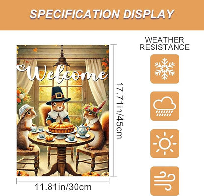 Welcome Garden Flag Autumn Garden Flag Adorable Squirrels Tea Party Decorative Garden Flags Pumpkin Pie Festive Fall Scene Outdoor Yard Banner 12x18 Inch Double Sided Home Accent