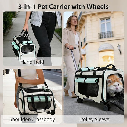 Expandable Pet Carrier with Wheels for Small Dogs and Cats,Airline Approved Rolling Cat Carrier with Removable Platform,18”X11”X14”,Foldable Soft-Sided Travel Bag Fits Under Seat,Up to 16 lbs(Blue)