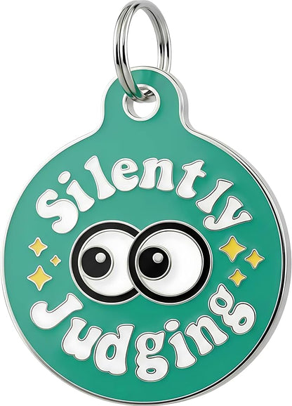 Bad Tags Personalized Dog and Cat ID Tags in 25+ Designs and 2 Sizes - 5 Lines of Custom Engraved Text - Funny Cute Personalized Pet Tags (Silently Judging - Green, Small (1 inch))