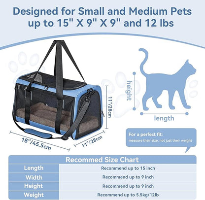 PETSFIT Soft-Sided Cat Carrier with Patented Safety Buckles, Lockable Zippers & Safety Tether,Escape-Resistant Travel Pet Carrier for Car Rides & Vet Visits, Airline Approved Under-Seat, Up to 12 lbs