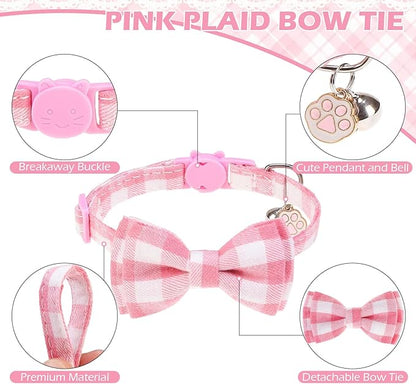 EXPAWLORER Cute Cat Collar Breakaway with Bells - 2 Pack Adjustable Plaid Pet Collar with Removable Bow Tie and Bandana, Safety Buckle for Girl Boy Cats Kitten, Pink Plaid