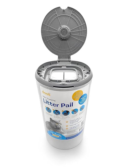 Odor Trapping Litter Pail – Odorless Cat Litter Pail with Lid & 6 Month Supply of Refill Bags and Scooper– One-Finger Tap Lid Opening