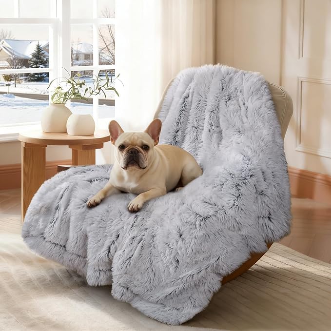 Luciphia Large Waterproof Dog Blanket for Pet Washable Liquid Proof Bed Intimacy Protection Shaggy Plush Calming Long Faux Fur Couch Cover Calming Cat Throw Blankets, Mist Grey, 60" x 80"