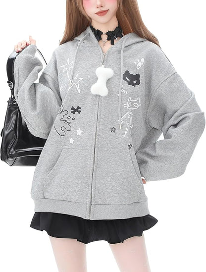Womens Y2K Zip Up Cute Graphic Hoodies Cat Ears Casual Cartoon Harajuku Kawaii Clothes Oversize Streetwear Jacket