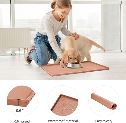 Dog Food Mat,Silicone Waterproof Food Tray,Non Slip Pet Bowl Mats Placemat,0.6" Raised Edge,Suitable for Most Small and Medium Sized Pets,24" x 16"