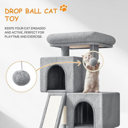 34'' Small Cat Tree with 2 Condos, Sisal Scratching Posts & Board, Multi-Level Climbing Tower for Indoor Cats, Sturdy Light Grey Cat Activity Center - Light Gray