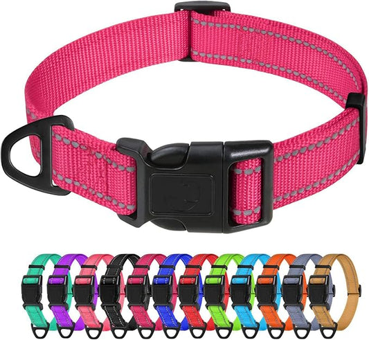 TagME Small Dog Collars, Adjustable Reflective Nylon Pet Collar with Quick Release Buckle for Small Dogs, Hot Pink, 5/8" Width