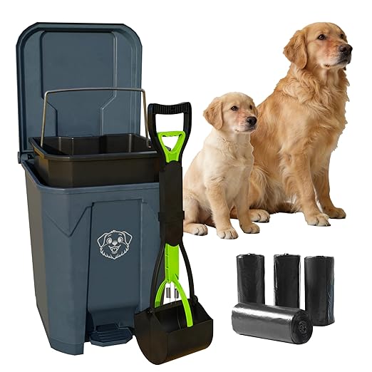 Dog Poop Outdoor Trash Can with Lid 20L/5Gal - Pedal & Removable Inner Bin, 200 Waste Bags + 1 Green Long Handle Pooper Scooper