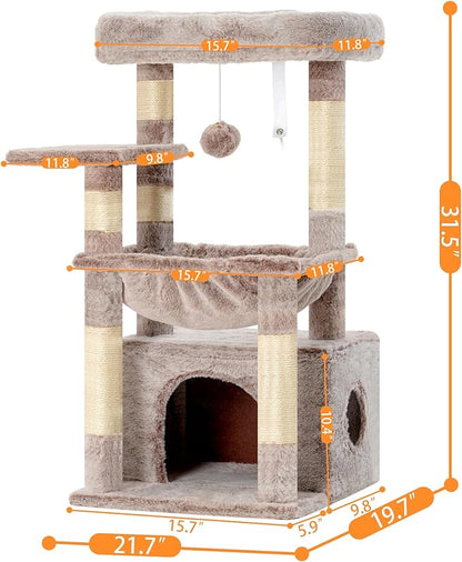 Heybly Cat Tree, Kitten Tower with Large Soft Cat Basket, Cat Condo with Spacious Cat Bed Cave with Hidden Space, Sisal-Covered Scratching Posts,Dangling Ball for Indoor Cats, Muchroom HCT008SMU