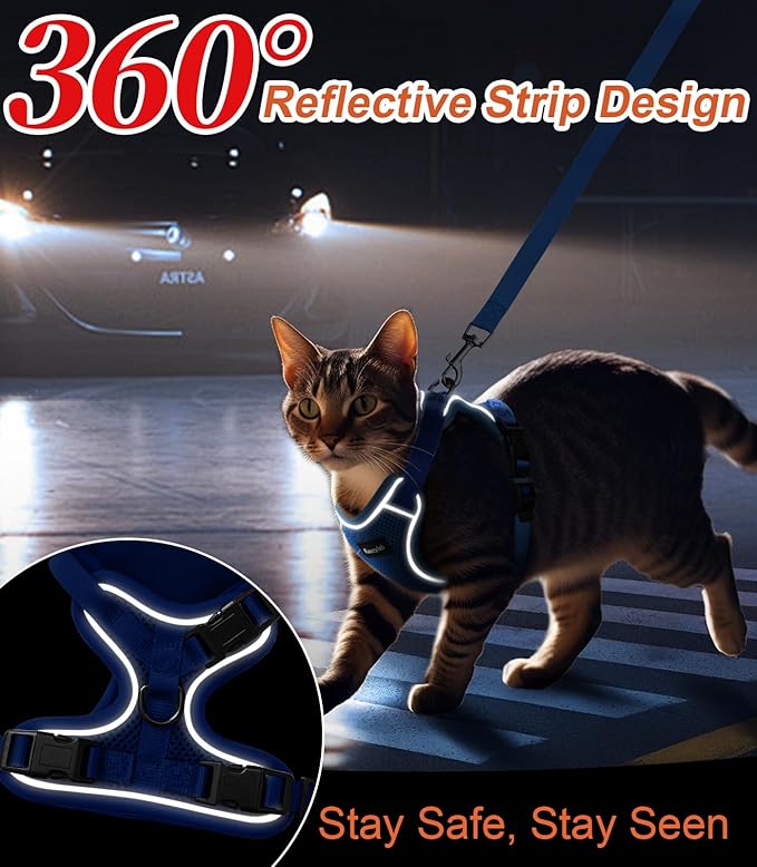 Cat Harness and Leash for Walking Escape Proof Soft Adjustable Cat Leash Breathable Comfortable Vest Easy to Wear Kitten Harness for Outdoor Travel Blue S