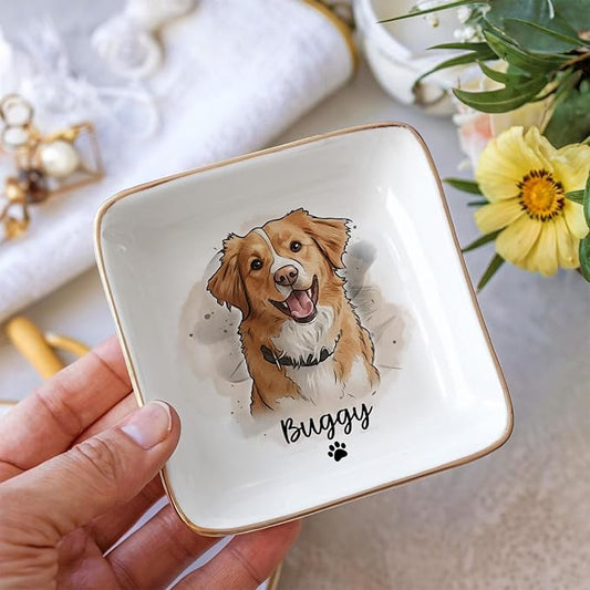Custom Dog Cat Portrait Ring Dish, Personalized Pet Trinket Dish with Pet Photo & Name, Dog Mom Jewelry Tray, Engagement Gift, Keepsake for Dogs Lovers, Wedding, Pets Memory Gifts