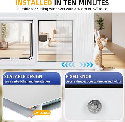 Full Size Cat Door Window Insert 27"-32" Various Sliding Windows, 4 Flexible Locking Modes, High-Definition, high-Transparency cat Door for Windows, Magnetic Reset Design