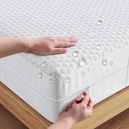 OhGeni 100% Waterproof Zippered Mattress Protector,Queen Size Mattress Encasement,Pet Hair & Bedwetting Resistant,Cooling Breathable Fitted Sheets,Non-Slip Deep Pocket,Washable Noiseless
