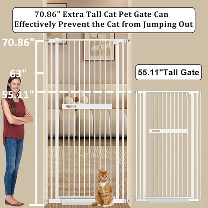 WAOWAO 71" Extra Tall Cat Pet Gate 29.92-61.42" Wide Pressure Mounted Walk Through Swing Auto Close Safety White Metal Dog Pet Puppy Cat for Indoor Stairs,Doorways