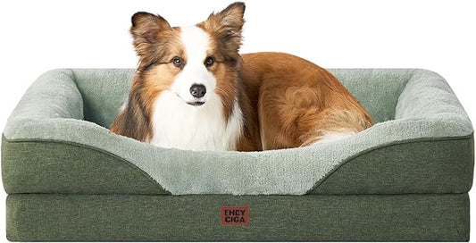 EHEYCIGA Orthopedic Dog Bed for Medium Dog, 35x22x6.5 Inch Memory Foam Dog Couch Bed with Sides, Waterproof Liner & Washable Removable Cover, Bolster Pet Sofa, Green