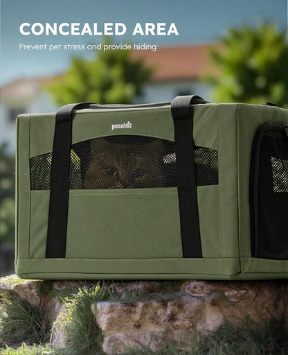 Pecute Cat Carrier Stable, Pet Carrier with Hidden Anxiety Relief Partition & Stable Steel Frame, Safe Cat Carrier for Car Travel, Soft-Sided Dog/Cat Carrier Bag for Pets Up to 11lbs, Green