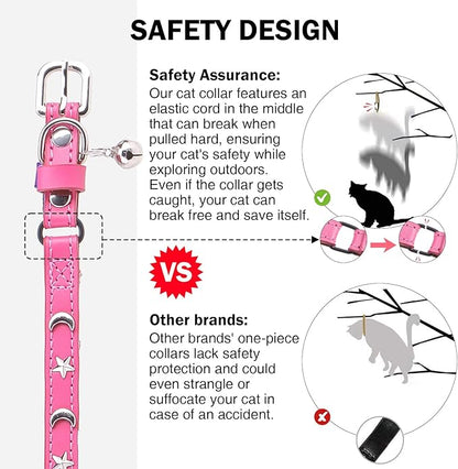 Leather Cat Collars for Boy Girl Cats with Bell and Safety Elastic Belt, Personalized Star and Moon Stud Adjustable Safe Buckle Collar for Kitty Small Big Cats Size 8-12 Inch, Rose