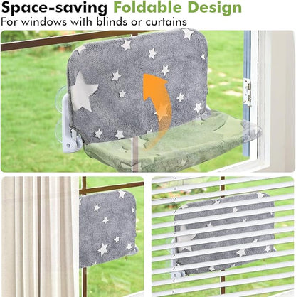 Cat Window Perch, Glow in The Dark Cordless Foldable Pet Hammock Bed for Window with Sturdy Metal Frame, Glowing Stars Pattern Resting Seat for Indoor Cats (Stars - M)