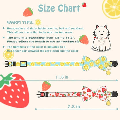 Breakaway Cat Collar with Cute Bow Tie Bell 2Pack Lemon Strawberry Summer Collars for Male Female Soft Cotton Kitty Kitten Collar Cute Cat Collars Ideal for Girl Cats Boy Male Cats