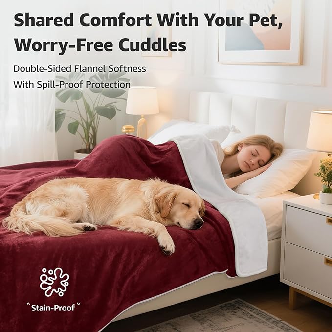 LOOBANI Waterproof Blanket for Bed: Reversible Soft Flannel Queen Bed Blanket 80" x 90", Waterproof Dog Blankets for Large Dogs, Spill-Proof Cover for Furniture Protection, Movie Time, Red