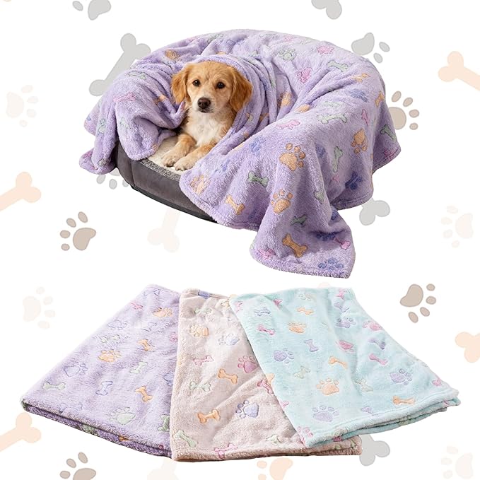 Rezutan 1 Pack 3 Dog Blankets for Small Pet Cat Super Soft Fluffy Premium Throw for Dog Kennels-Beds, Paw Print Blanket, 23x16inch,Purple/Green/Brown