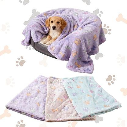 Rezutan 1 Pack 3 Dog Blankets for Small Pet Cat Super Soft Fluffy Premium Throw for Dog Kennels-Beds, Paw Print Blanket, 23x16inch,Purple/Green/Brown