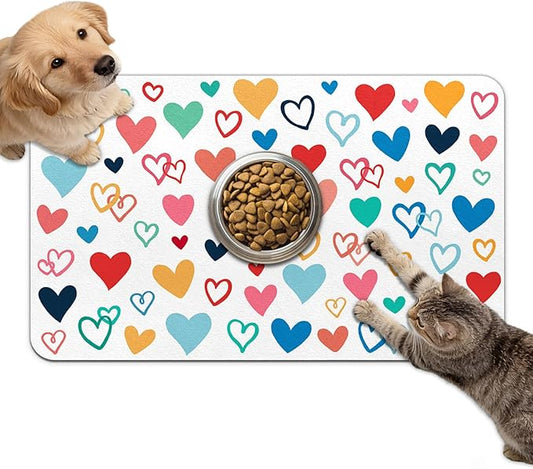 Dog Food Mat for Bowls, Absorbent Quick Dry Dog Cat Mats for Food and Water, Non-Slip Backing Pet Mat Pet Supplies - Heart Pattern